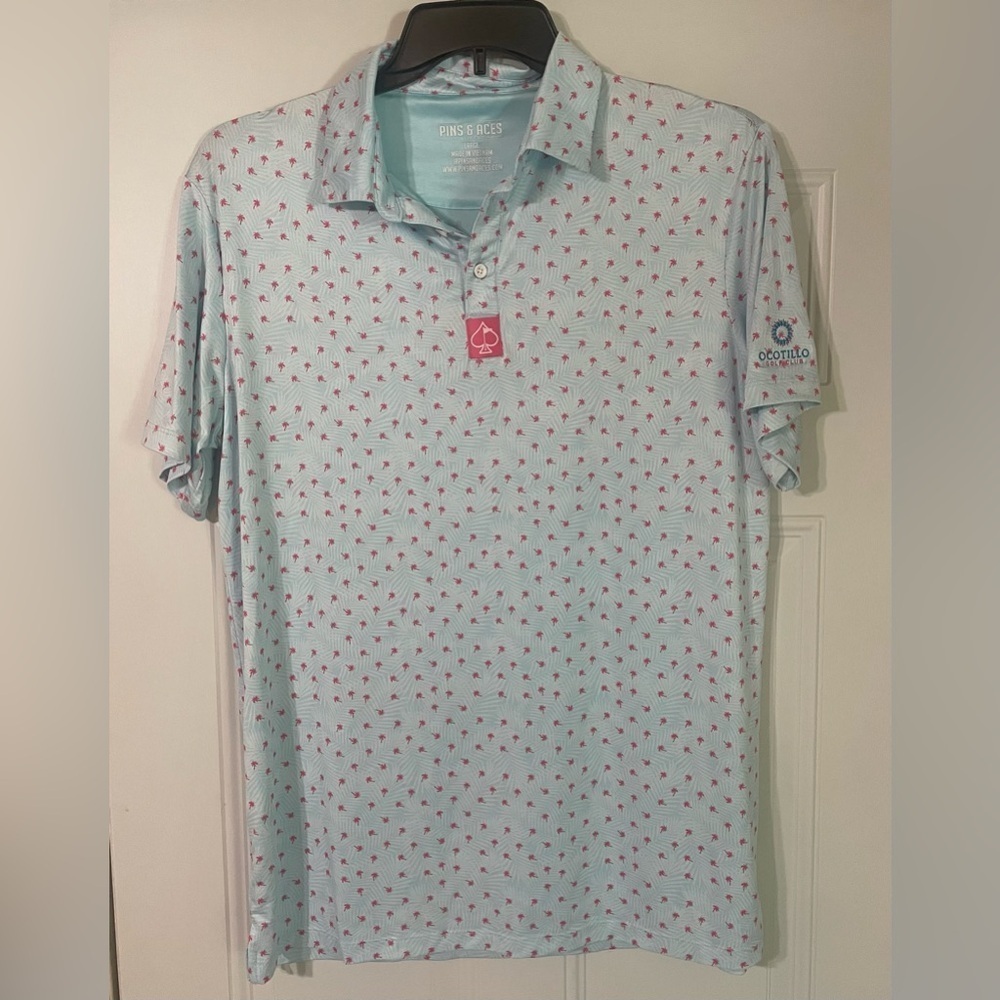 Pins & Aces Palm Sunday Blue Golf Polo Size Large Palm Trees Athletic SPF 45+